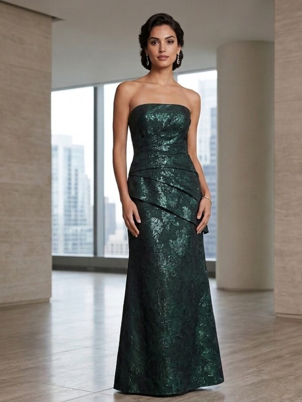 Theia Metallic Emerald Green Jacquard Strapless Ruched Evening Gown Size 10